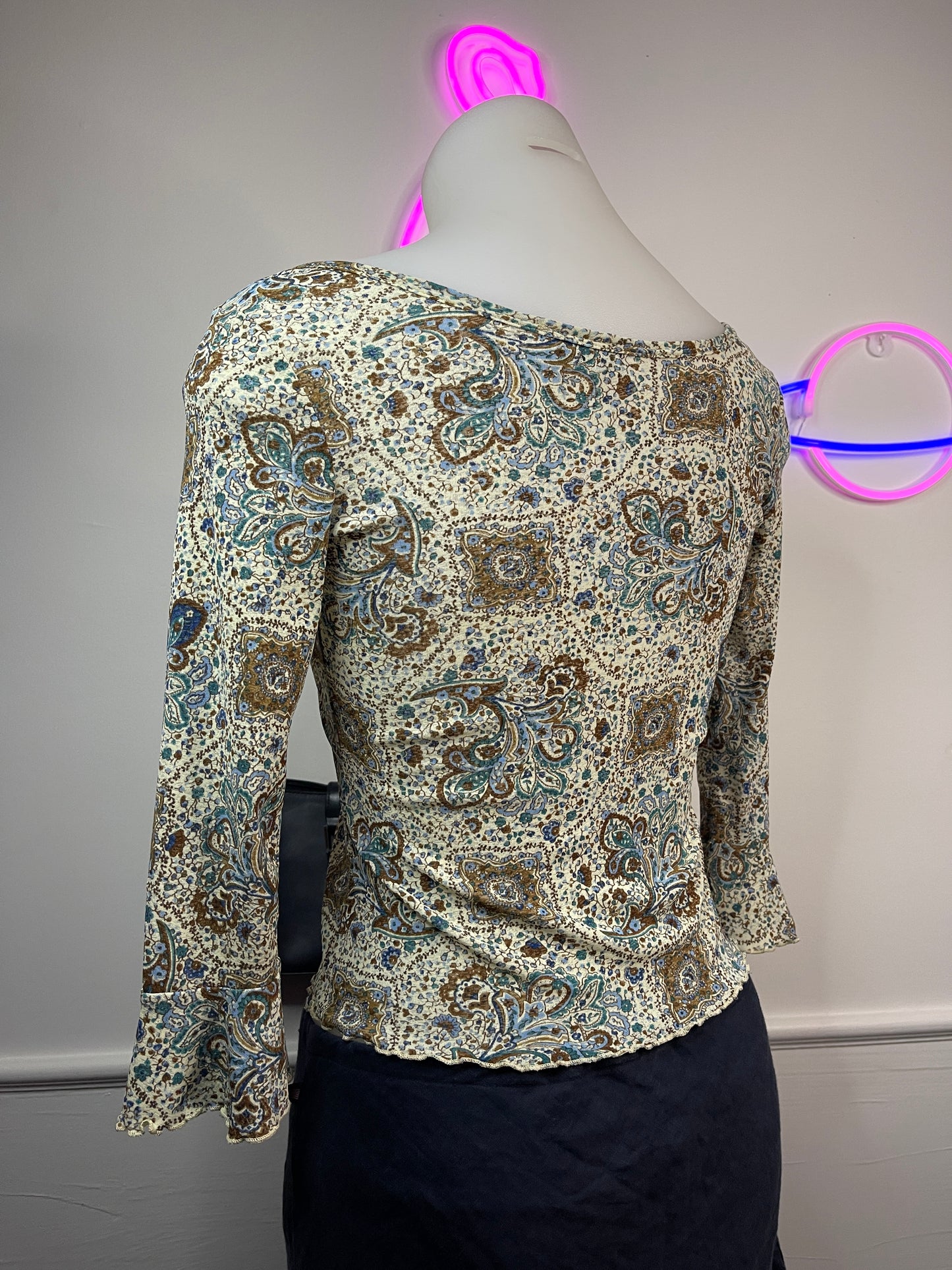 AQUA BLUE Bell Sleeve Paisley Print Top