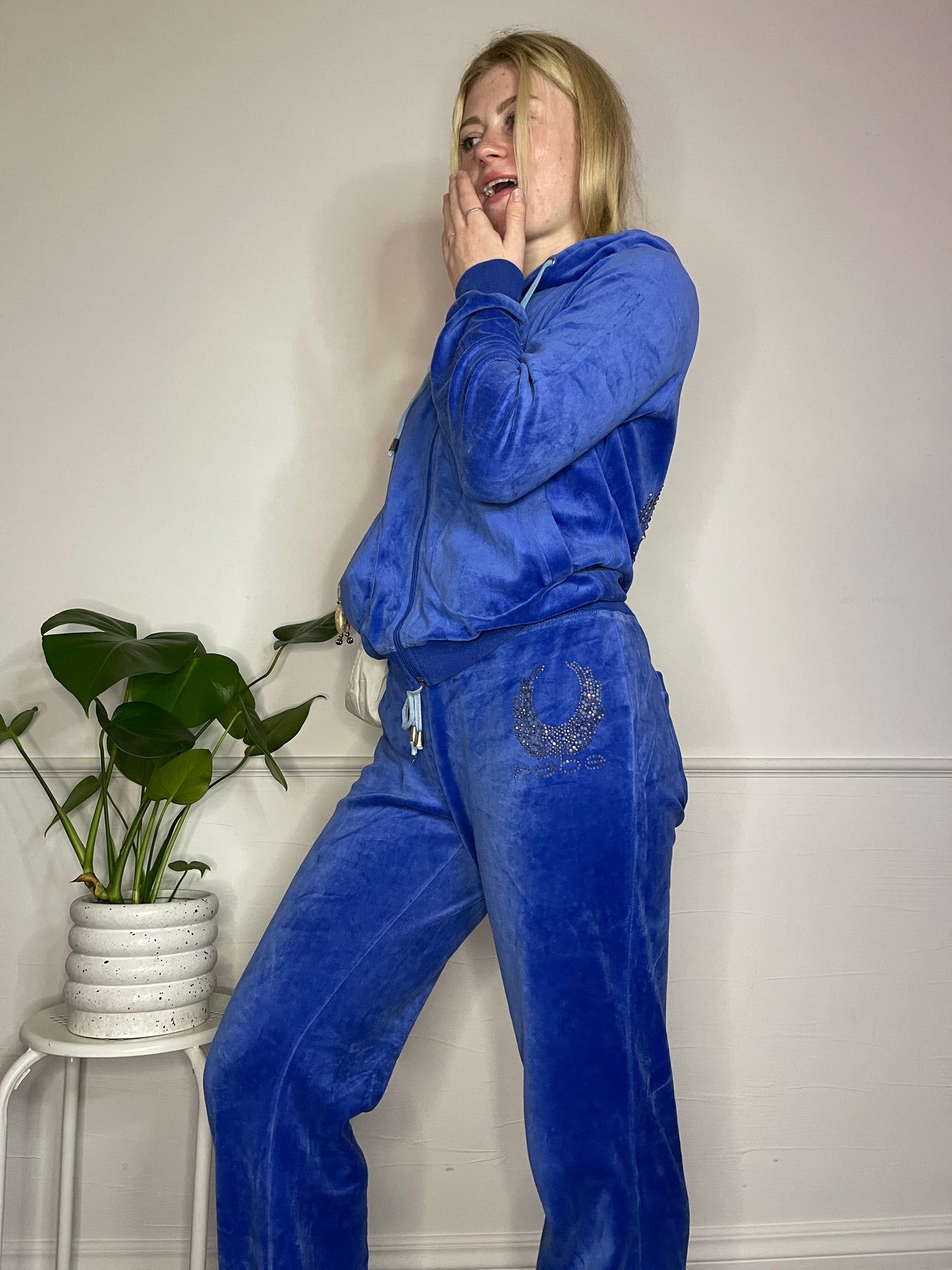 BEBE Y2K Bedazzled Velour Flared Track Suit