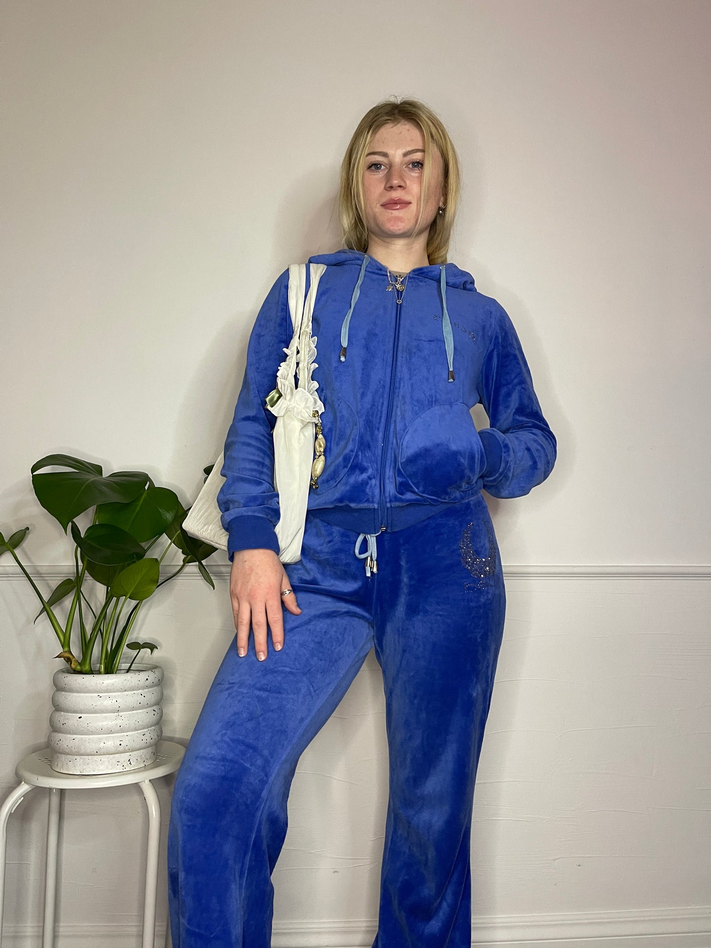 BEBE Y2K Bedazzled Velour Flared Track Suit