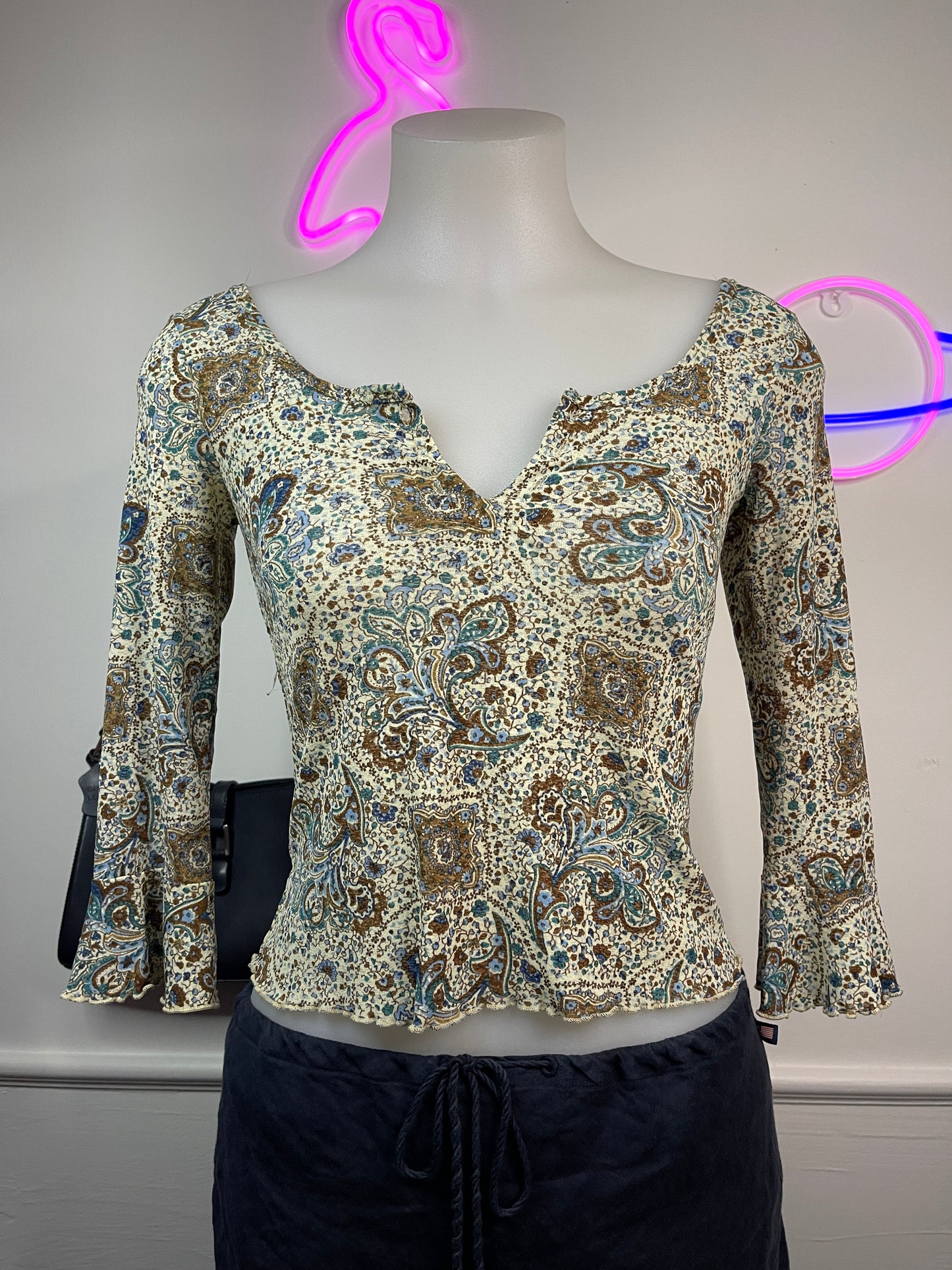 AQUA BLUE Bell Sleeve Paisley Print Top