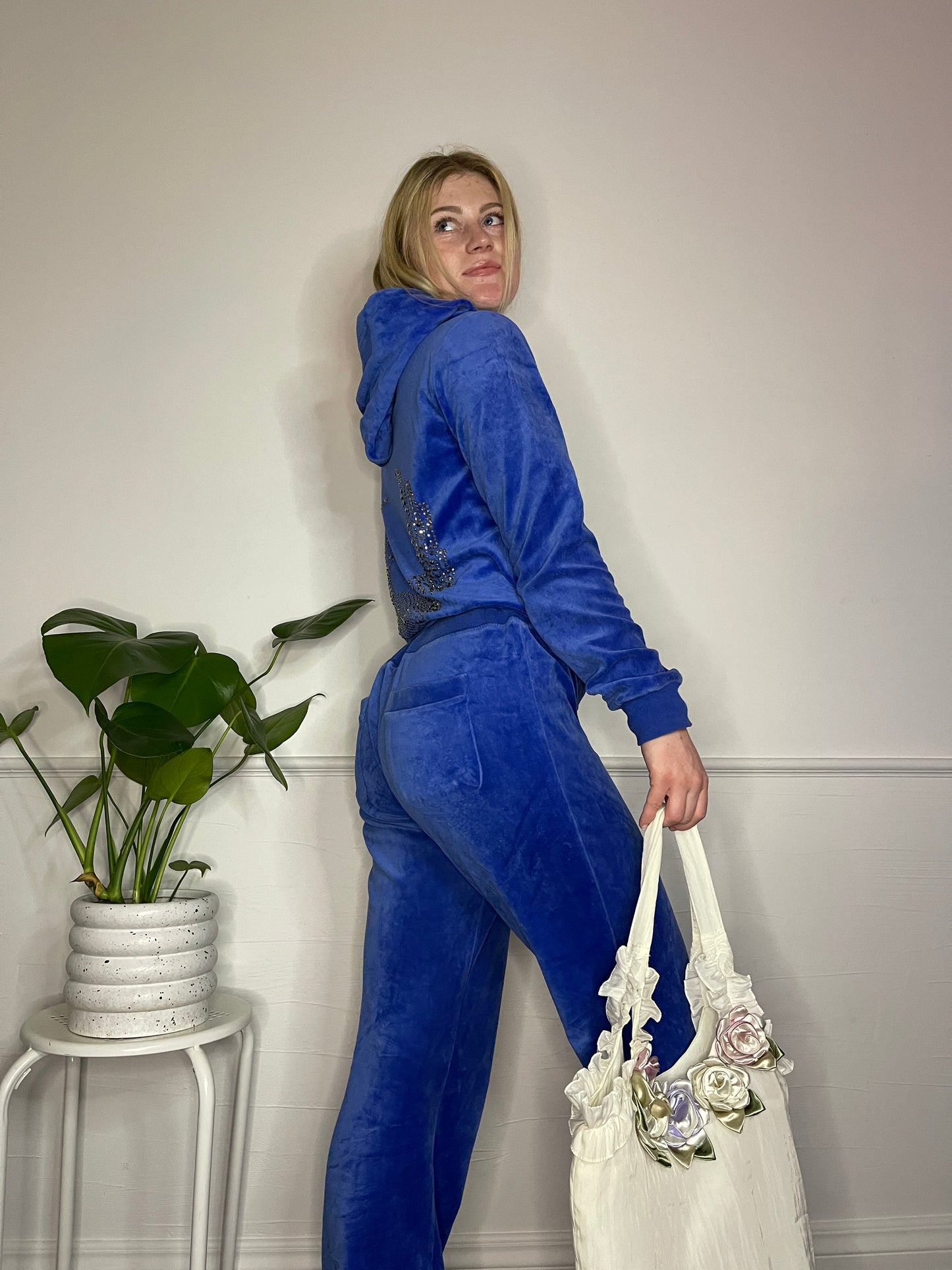 BEBE Y2K Bedazzled Velour Flared Track Suit